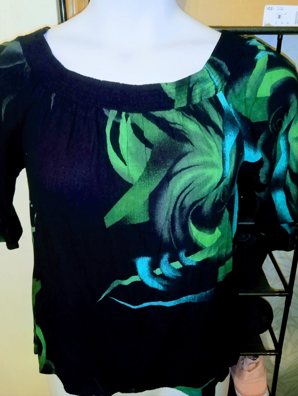 RARE IndoMario Elegant Black and Green Rayon Top On Or Off Shoulder. Med/Lg